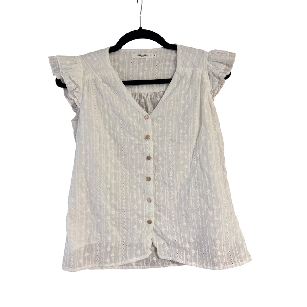 Berthie Paris White Eyelet Ruffle Sleeve Button Front V-Neck Blouse Top Womens S